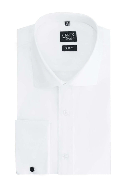 Dubbele manchet bamboe wit overhemd met dubbele manchetten, ademend en kreukvrij, slim fit, wit.