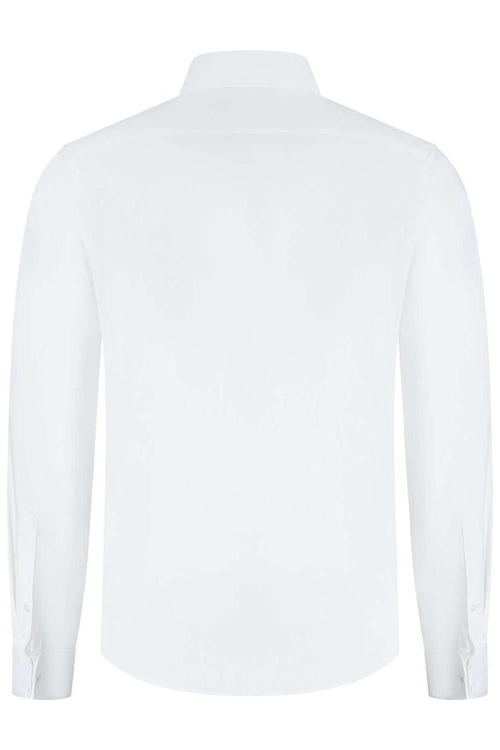 A back view of a white shirt with double cuffs, made from bamboo blend, breathable and wrinkle-free.