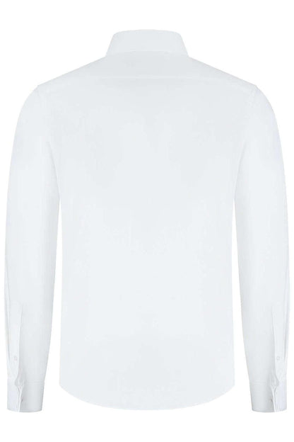 A back view of a white shirt with double cuffs, made from bamboo blend, breathable and wrinkle-free.