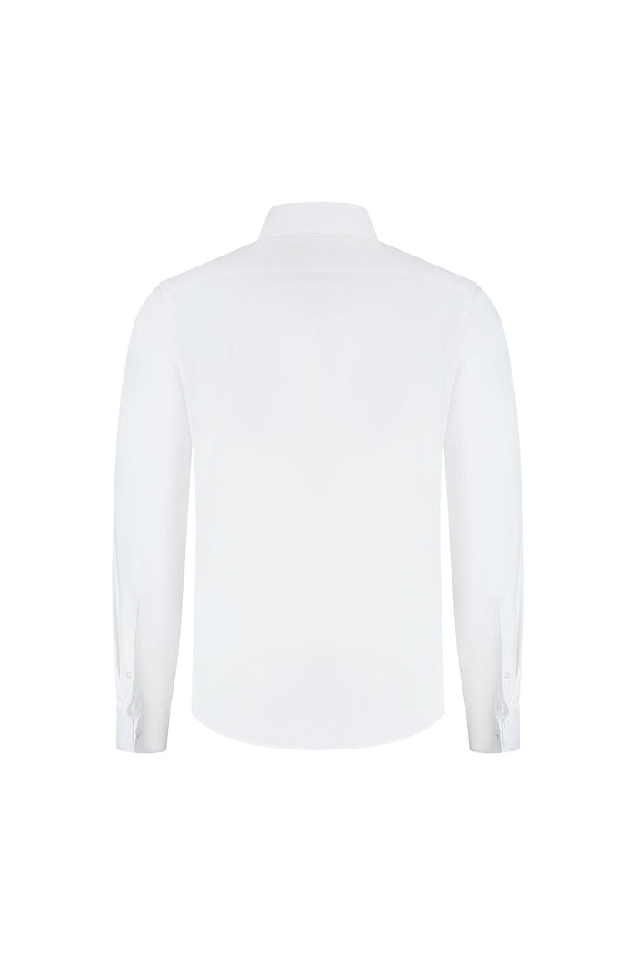 A back view of a white shirt featuring dubbele manchet bamboe wit design, perfect for breathability and wrinkle-free comfort.
