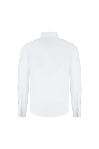 A back view of a white shirt featuring dubbele manchet bamboe wit design, perfect for breathability and wrinkle-free comfort.
