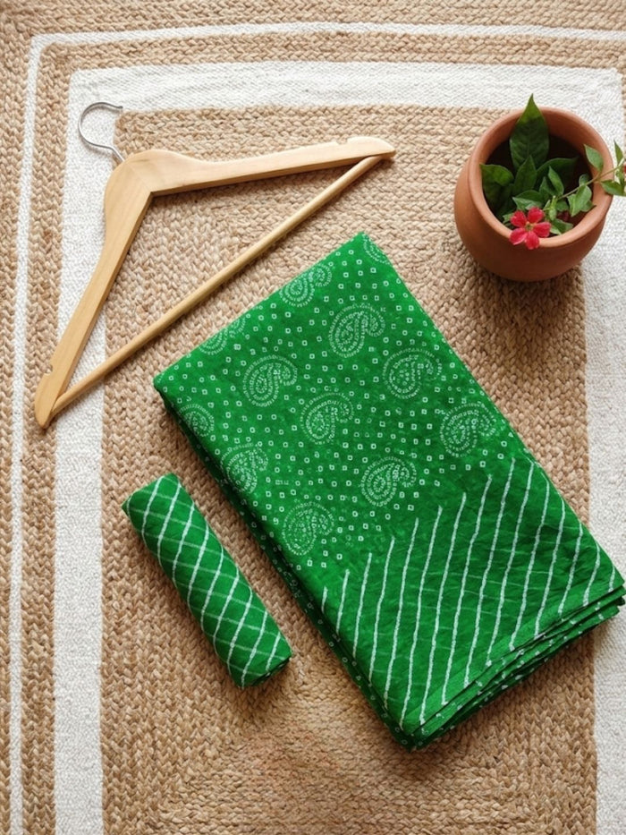 Indiehaat | Kota Doria Lehariya Bandhej Saree Green