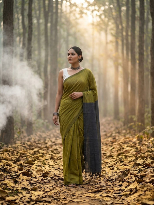 Indiehaat | Hand Dyed Khadi Cotton Saree Green