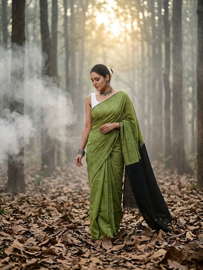 Indiehaat | Hand Dyed Khadi Cotton Saree Green