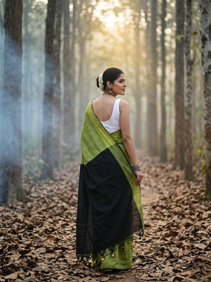 Indiehaat | Hand Dyed Khadi Cotton Saree Green