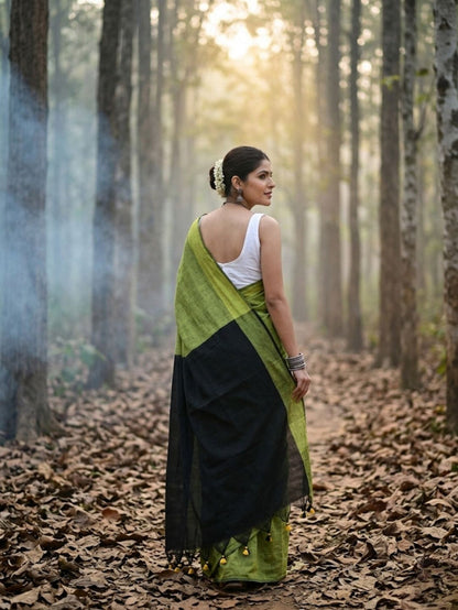 Indiehaat | Hand Dyed Khadi Cotton Saree Green