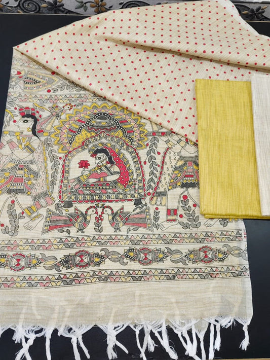 Indiehaat | Khadi Cotton Madhubani Suit Beige & Yellow