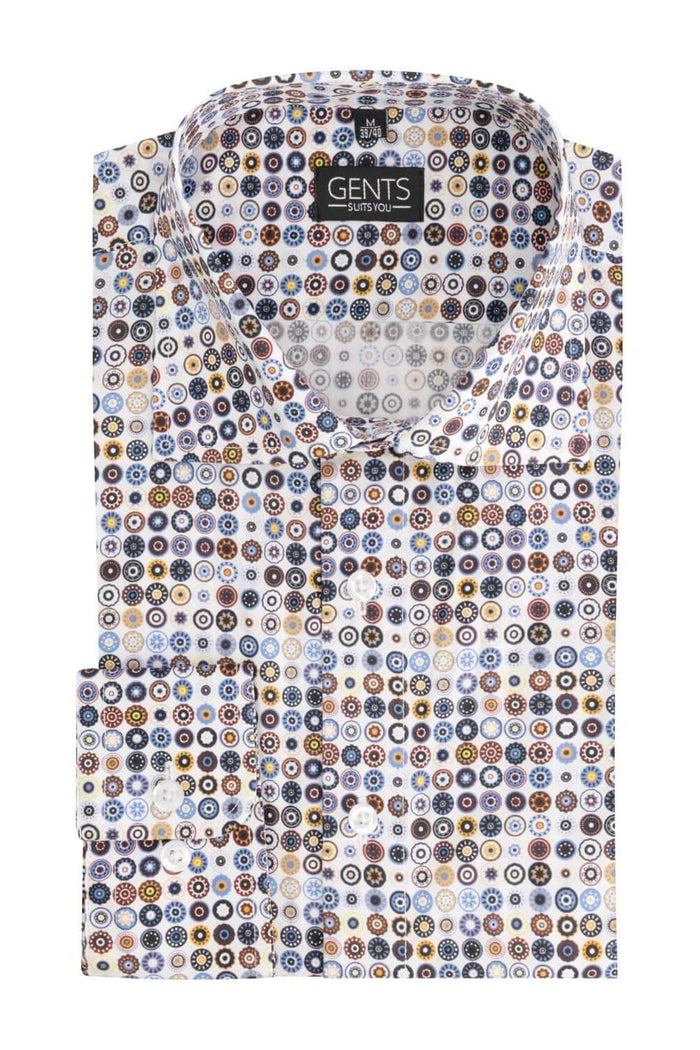 Fantasie cirkelprint multikleur op een herenoverhemd met kleurrijk cirkelpatroon.