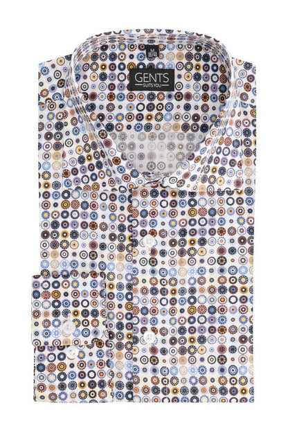 Fantasie cirkelprint multikleur op een herenoverhemd met kleurrijk cirkelpatroon.