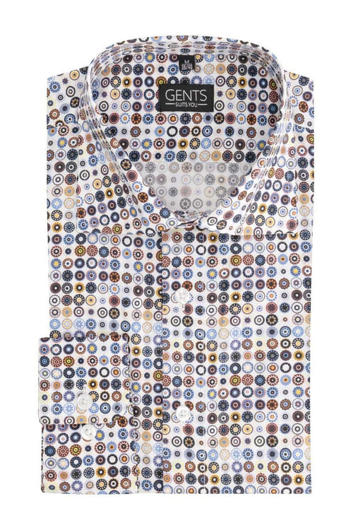 Fantasie cirkelprint multikleur op een herenoverhemd met kleurrijk cirkelpatroon.