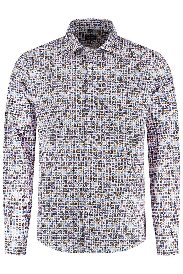 Fantasie cirkelprint multikleur: kleurrijk overhemd met cirkelpatroon voor casual en feestelijke outfits.