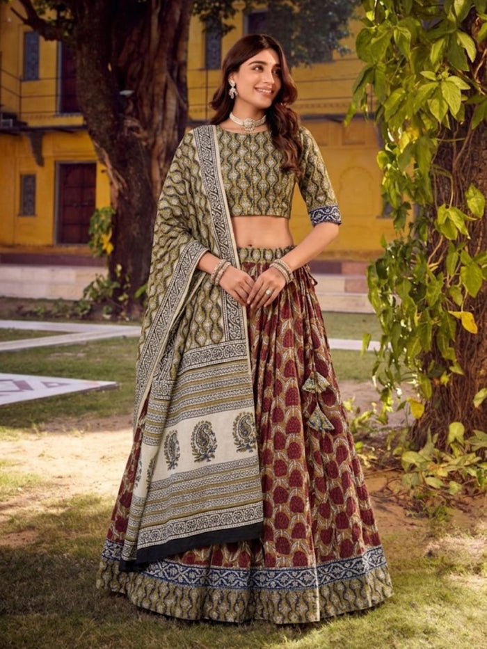 Blockprinted Yellow Lehanga Choli Set | Indiehaat