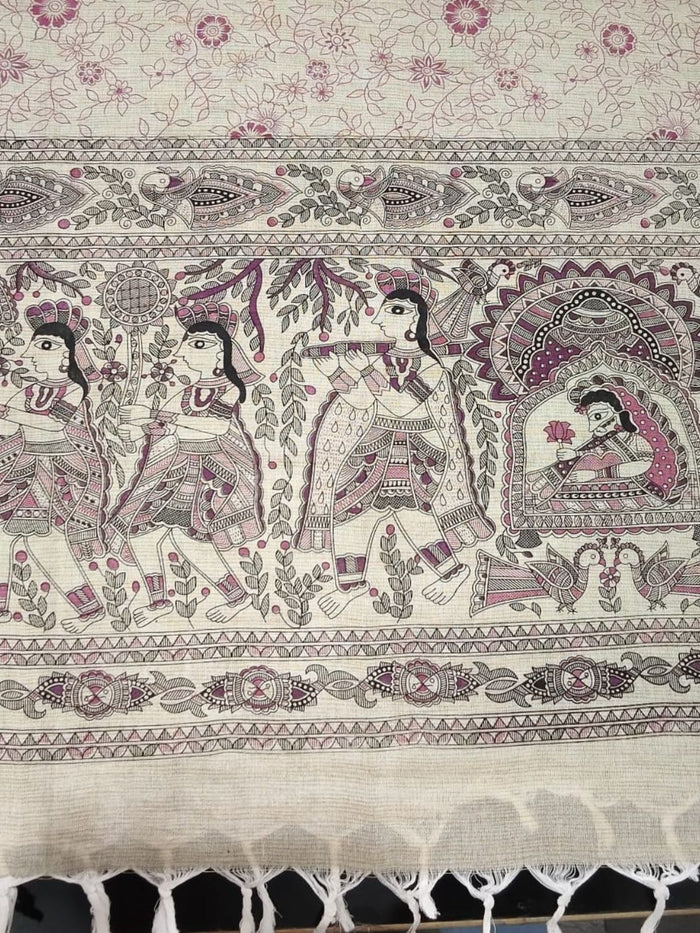 Indiehaat | Khadi Cotton Madhubani Suit Beige & Pink