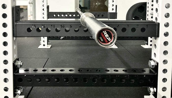 Flip-Down Safeties on PR-5000 Power Rack (Close Up of Side Holes and Laser Cut Numbering)