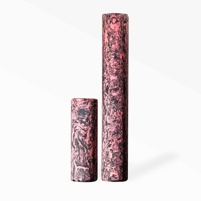 18" and 36" red and black REP High Density Foam Rollers standing upright side by side.