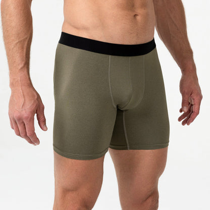 The REP Fitness Men's Foris Boxer Brief in Heather Olive front, close-up