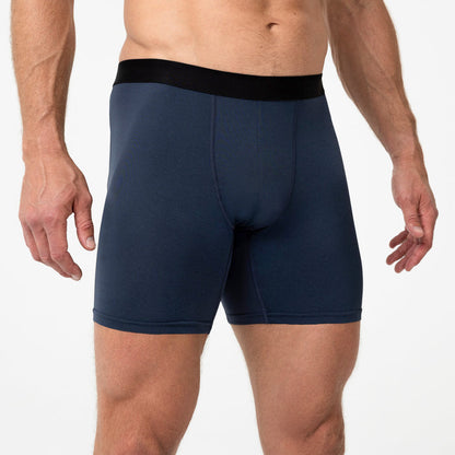The REP Fitness Men's Foris Boxer Brief in Heather Navy front, close-up