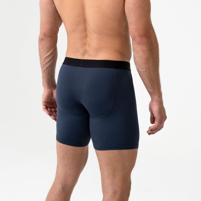 The REP Fitness Men's Foris Boxer Brief in Heather Navy back, close-up