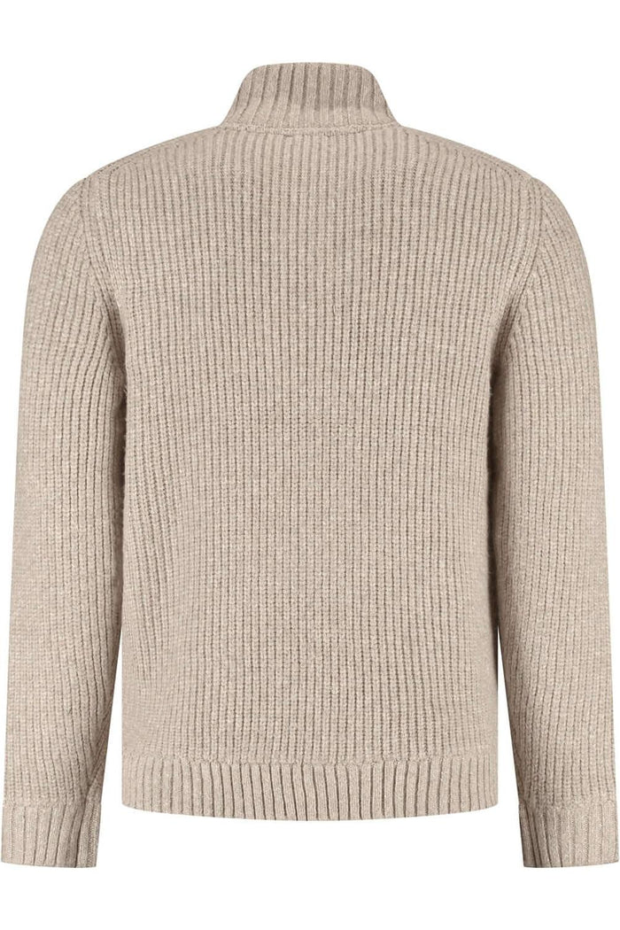 A back view of a zandbeige full-zip cardigan with a standing rib collar and smooth front.