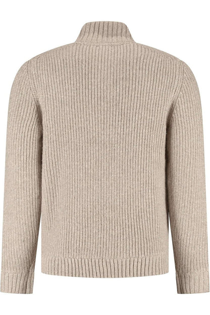 A back view of a zandbeige full-zip cardigan with a standing rib collar and smooth front.