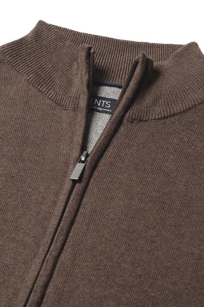 Full zip chocoladebruin ademend katoenvest met volledige ritssluiting, stijlvolle en comfortabele keuze.