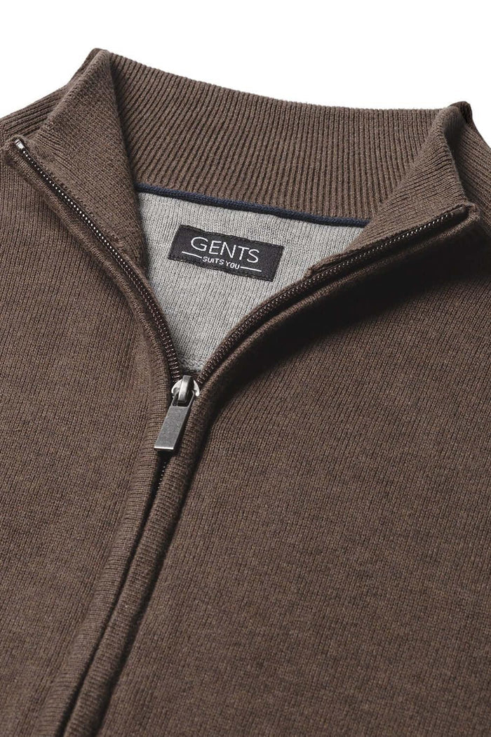 Full zip chocoladebruin ademend katoenvest met volledige ritssluiting in chocoladebruin.