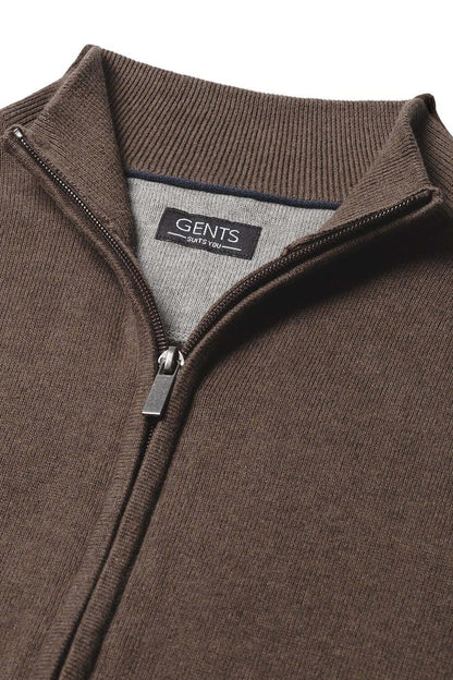 Full zip chocoladebruin ademend katoenvest met volledige ritssluiting in chocoladebruin.