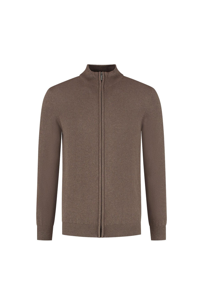 Full zip chocoladebruin ademend katoenvest met volledige ritssluiting in bruin.
