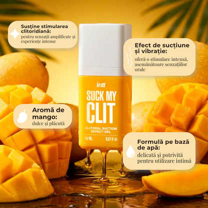 Gel intim INTT Suck my Clit, acțiune triplă de vibrație, pulsație și efect de încălzire progresivă, aromă de mango, 15 ml
