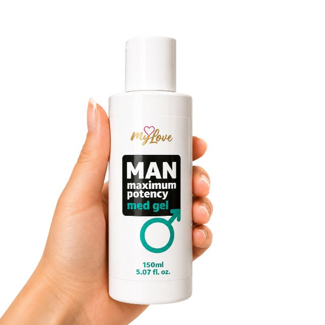 Gel intim MYLOVE Man Maximum Potency Med Gel, pentru creșterea potenței și lubrifiere, cu miros de cafea, 150 ml