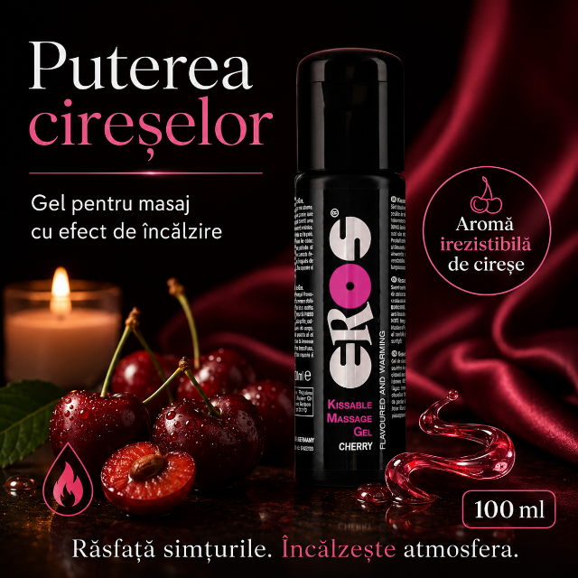Gel pentru masaj Kissable Eros, cu efect de încălzire, aromă cireșe, 100 ml