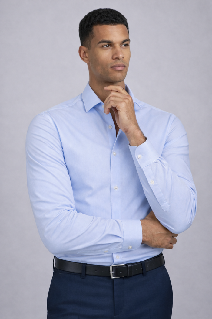 GENTS Blumfontain NOS dobby lichtblauw katoenen shirt met stretch en antikreuk.