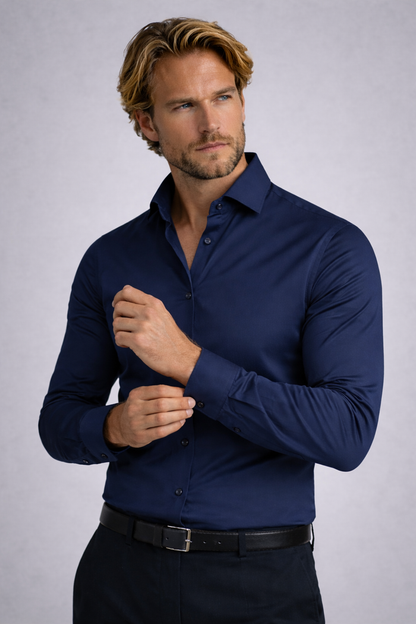 GENTS Blumfontain NOS navy shirt on model, showcasing modern fit and non-iron finish.