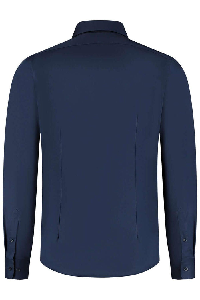 GENTS Blumfontain NOS navy back view of cotton-elastane shirt with non-iron finish in modern fit.