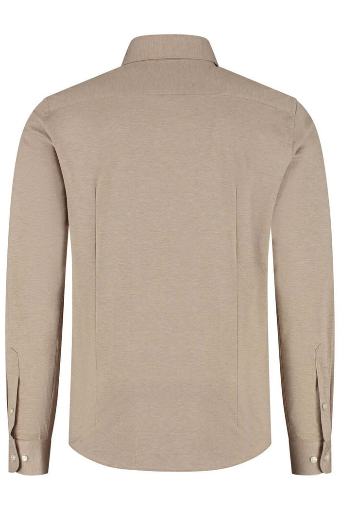 GENTS knit pique zand shirt back view in light sand-colored breathable cotton.
