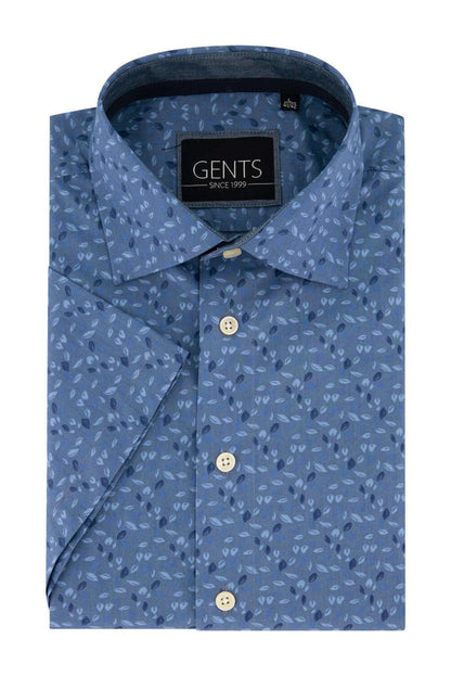 Gents korte mouw bladprint blauw - Katoenen T-shirt met blauw bladprint, casual en ademend.