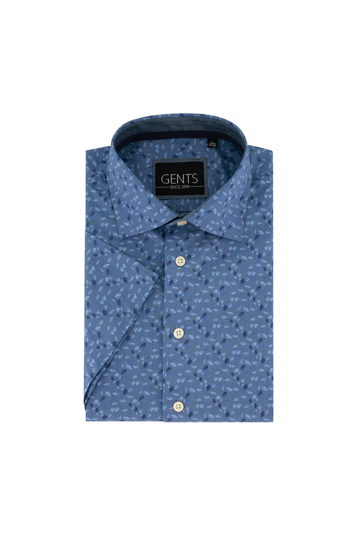 Gents korte mouw bladprint blauw, katoenen T-shirt met ademende bladprint in blauw.