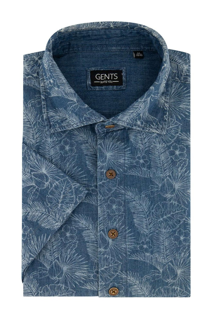GENTS korte mouw print denim, blauw denim overhemd met botanische print en korte mouwen.