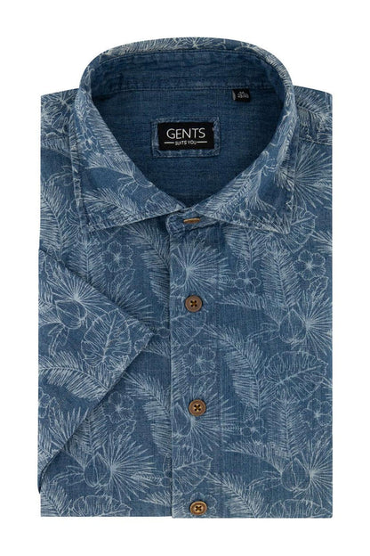 GENTS korte mouw print denim, blauw denim overhemd met botanische print en korte mouwen.