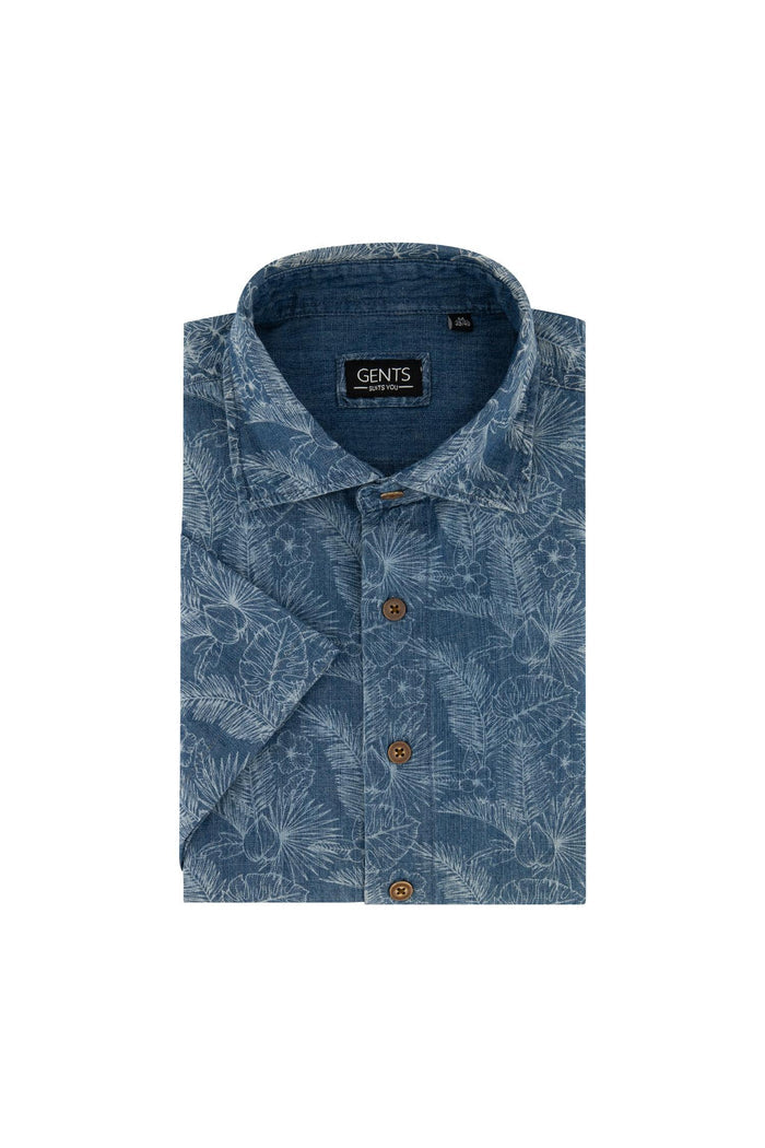 GENTS korte mouw print denim blauwe overhemd met botanische print en korte mouwen