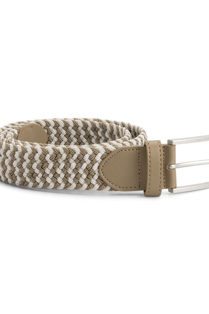Gevlochten elastische riem beige-wit, elastische riem met beige-witte vlecht en gesp.