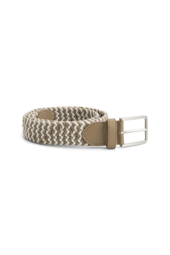 Gevlochten elastische riem beige-wit, elastisch, met beige-witte vlecht en metalen gesp.