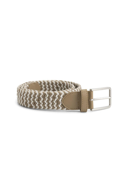 Gevlochten elastische riem beige-wit, elastisch, met beige-witte vlecht en metalen gesp.