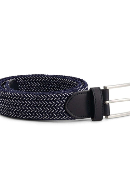 Gevlochten elastische riem blauw-wit met leren details en gesp, perfect voor casual outfits.