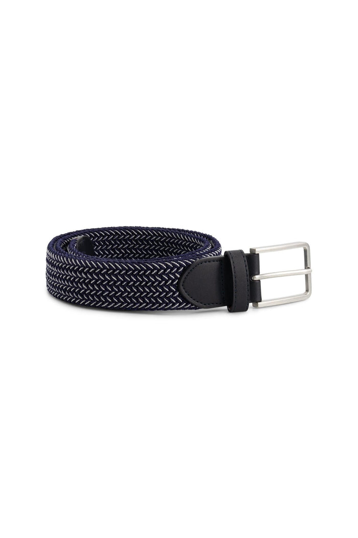 Gevlochten elastische riem blauw-wit met leren details en gesp, perfect voor casual en formele looks.