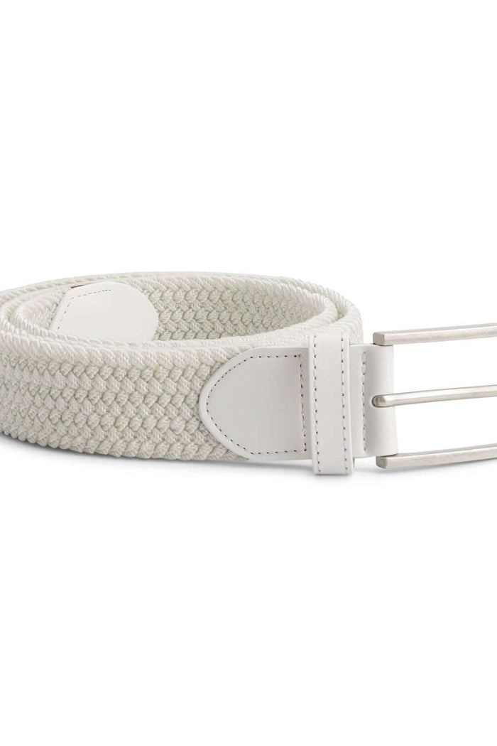 Gevlochten elastische riem wit met lederen details en zilverkleurige gesp, perfect voor elke outfit.