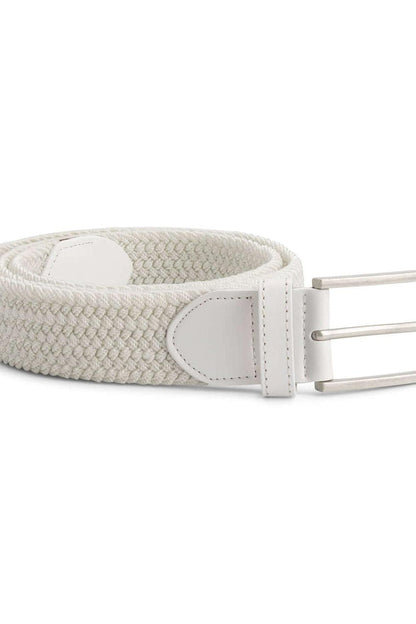Gevlochten elastische riem wit met lederen details en zilverkleurige gesp, perfect voor elke outfit.