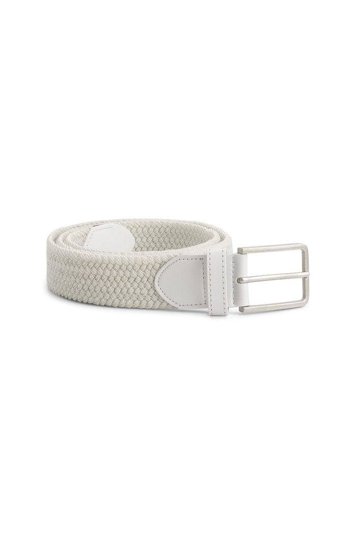 Gevlochten elastische riem wit met lederen details en zilverkleurige gesp, perfect voor elke outfit.