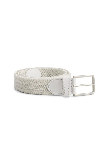 Gevlochten elastische riem wit met lederen details en zilverkleurige gesp, perfect voor elke outfit.
