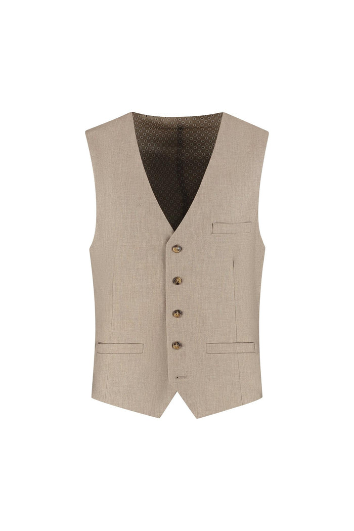 Gilet cappuccino beige: elegant beige vest with buttons and pockets, made of wool and Tencel for warmth and comfort.